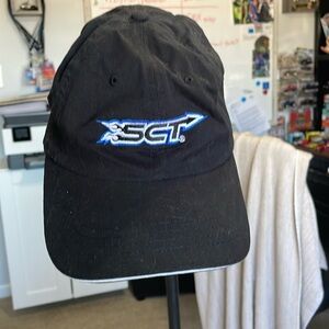Sct black baseball hat with white and blue stitching